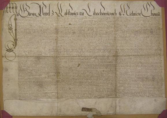Obr. č. 1. Listina Jiřího Popela z Lobkowicz z r. 1591, kterou městu Libochovice udílí právo várečné a kšaftovní. (SOkA Ltm, AM Libochovice, inv. č. 3.)